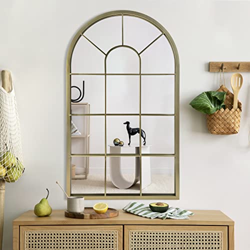 "HQiJun Wall Mirror Window Decorative Mirrors Arched Farmhouse for Living Room Bedroom Entryway Bathroom Vanity (Gold, 41.3"" x 24"" x 1"")"