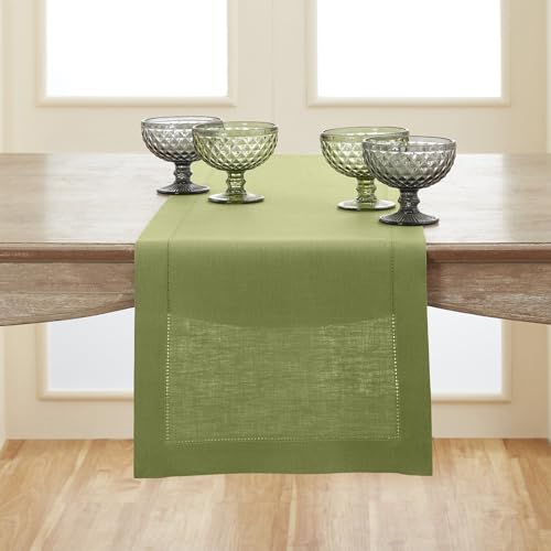 Solino Home 100% Pure Linen Table Runner Moss Green Hemstitch, 14 x 90 in - for dining, decor, Classic Hemstitch, indoor outdoor, gifting, OEKO-TEX Certified - Fall, Halloween, Thanksgiving, Christmas