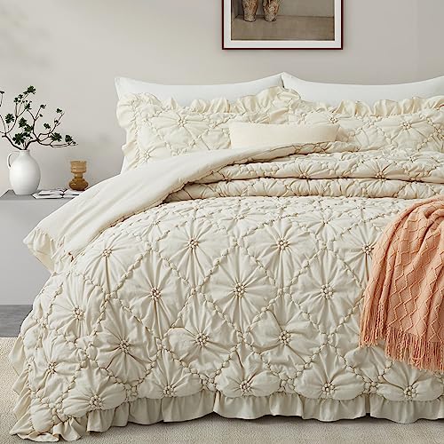 "BEDAZZLED Comforter Set King Size, 3 Pieces Bed in a Bag Pinch Pleat Exquisite Comforter, Boho Down-Alternative Bedding with Ruffled Shams All Season Available, Beige (102""*88"")"