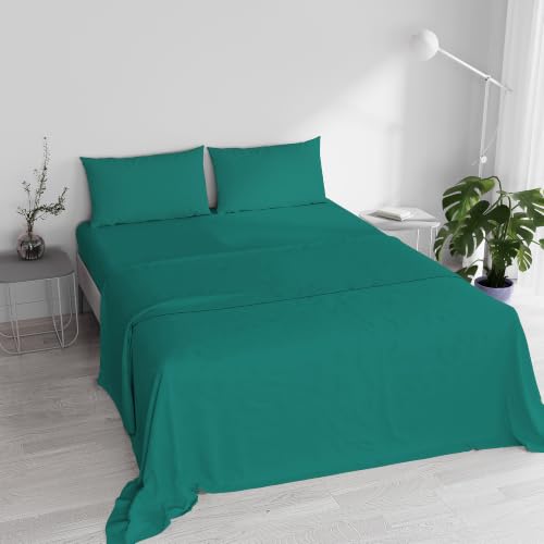 Italian Bed Linen Elegant Bed Linen Set (Flat 250x300, Fitted Sheet 170x200cm+2 Pillowcases 52x82cm), Water Green, DOUBLE