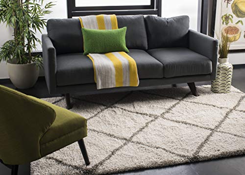 Safavieh Shag Rug for Living Room, Dining Room, Bedroom - Hudson Shag Collection, High Pile, in Ivory and Grey, 90 x 90 cm