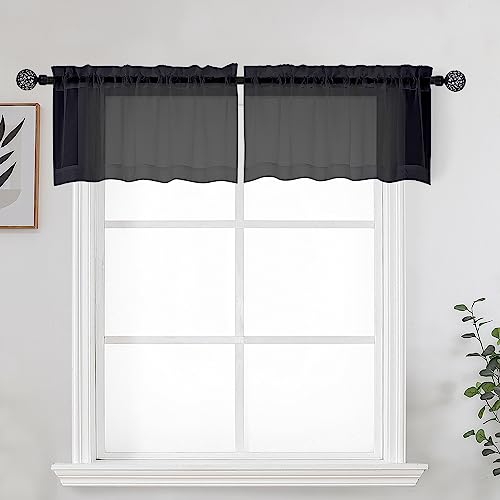 "OWENIE Kitchen Valances - Clear Black Rod Pocket Valances for Living Room, Bathroom, Cafe, Laundry Room, Basement - 2 Pack, 42"" W x 14"" L"