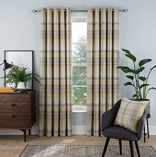 Sleepdown Woven Brushed Check Eyelet Lined Curtains for Bedroom and Living Room 90 x 72 Inch Ochre 2 Panels