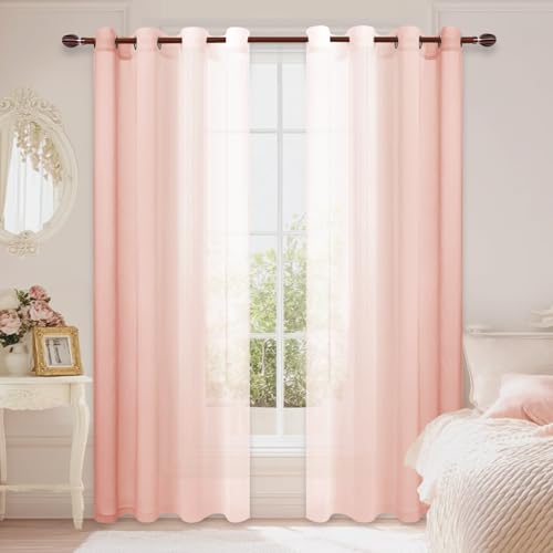 DWCN Faux Linen Ombre Sheer Curtains - Semi Voile Gradient Grommet Top Curtains for Bedroom and Living Room, Set of 2 Window Curtain Panels, 52 x 84 Inches Long, Blush