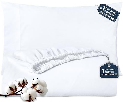 "Royale Linens Fitted Sheet With Pillowcase - Twin Fitted Sheets With 1 Pillowcase - 300 Thread Count 100% Organic Cotton - Fit Mattress Up to 18"" Deep - Ultra Soft & Breathable - White (No Flat Sheet)"