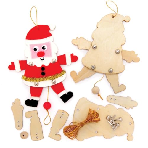 Baker Ross Santa Wooden Dancing Puppet Kits - Pack of 5, Wooden Santa Craft, Christmas Tree Decoration kit