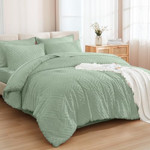 Andency Oversized King Comforter 120x98, Sage Green - 7 Pieces, Bed in a Bag, Extra Large King, Soft Lightweight Fluffy Polyester, Elegant Boho Tufted Reversible Bedding Set