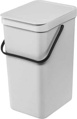 Brabantia Sort & Go Waste Bin 16L (Light Grey), Space-Efficient Plastic Recycle Container with Handle, Removable and Stay-Open Lid, Easy to Clean Kitchen Bin without Nooks and Rims