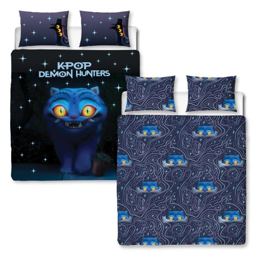 K Pop Demon Hunters Officially Licensed Double Duvet Cover Set - Derpy Demons Design - Blue Reversible 2 Sided Kids Bedding Cover Including Matching Pillow Cases