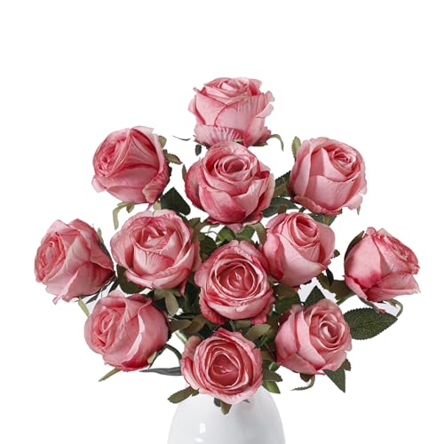 Wenhuidr 12pcs Deep Pink Roses Artificial Flowers ??? Realistic Silk Velvet Fake Flowers with Long Stems for Valentines Day Wedding Bouquets Home Decoration Party Centrepieces & DIY Floral Arrangements