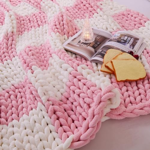 "Admitrack Chunky Knit Blanket Throw 51""x63"", 100% Hand Knit Chenille Throw Blanket for Sofa & Home Decor, Soft and Cozy Knitted Throw Blankets (Pink Checkered???51""x63"")"