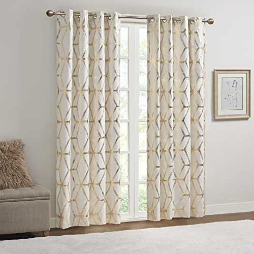 Comfort Spaces Vivian Total Blackout Window Curtain Panel Pair, Metallic Geometric Design, Thermal Insulated Light Blocking Drape for Bedroom and Apartments, 50x63, Ivory/Gold, 2 Piece