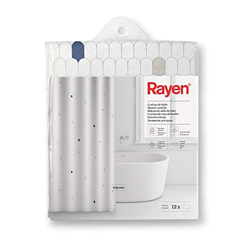 Rayen - Bath Curtains - Shower Curtain or Bath - Waterproof - Polyester - Quick Drying - Opaque, PVC Rings - Includes 12 Hooks - 180 x 200 cm - White with Blue Cells