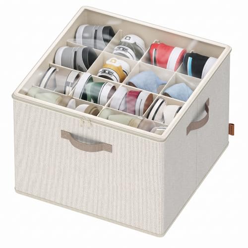 SONGMICS Wardrobe Shoe Organizer, Fabric Shoe Organizer with Adjustable Compartments, Storage Compartments, Stackable, Transparent Lid for max. 16 Pairs, Beige