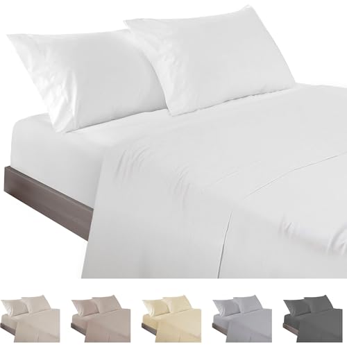 ECOMMERC3 - 4-Piece Bed Sheet Set 160 Made in Spain - Sheet Set with Fitted Sheet, Top Sheet and 2 Pillowcases 45 x 85 cm White