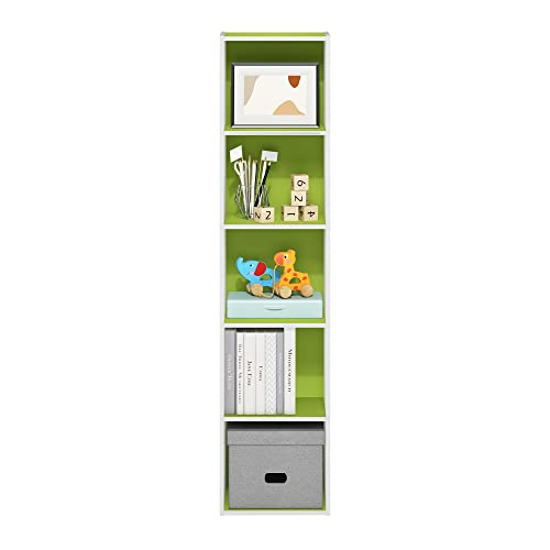 Furinno PASIR Book Shelf, 5-Tier Modern Bookshelf, Open Shelves Bookcase 22.86 x 30.48 x 132.08 cm, for Living Room, Bedroom, Home Office, Green/White