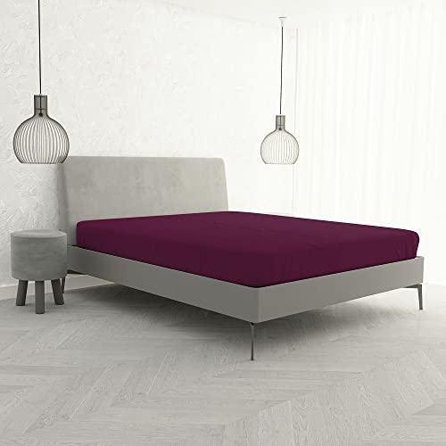 Fitted Sheet with Corners for Double Bed, Cotton, Made in Italy, Bed Linen 170 x 200 cm with Elasticated Corner 25 cm, Plum