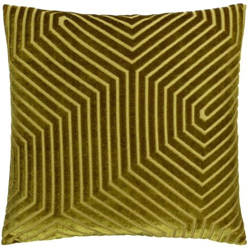 Paoletti Evoke Velvet Feather Filled Cushion – Luxurious Chevron Pattern Decorative Square Pillow With Filling (Olive - 45x45cm)