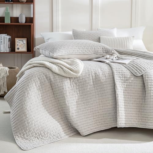 "Sanracie Stonewashed Cotton Oversized King Bedspread(128""x120""), Soft Light Wheat Color Extra Large Wide Oversized Quilt Sets Cross Stitch Lightweight Crinkle Coverlet Set 3Pcs for All Season"