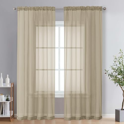 "OVZME Taupe Sheer Curtains 84 inches Long, Soft Light Filtering Window Panels for Living Room/Bedroom, Top Double Rod Pocket, 1 Pair, 42"" x 84"", 2 Panels"