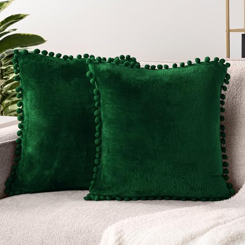 PAVILIA Emerald Green Throw Pillow Covers, 18x18, Set of 2, Pom Pom - Decorative Velvet Cushion Covers for Sofa Couch Bed - Forest Dark Green Fleece Accent Pillow Case Pompom