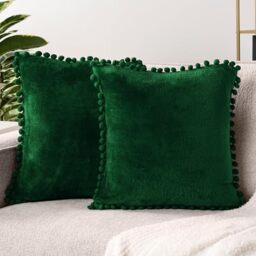 PAVILIA Emerald Green Throw Pillow Covers, 18x18, Set of 2, Pom Pom - Decorative Velvet Cushion Covers for Sofa Couch Bed - Forest Dark Green Fleece Accent Pillow Case Pompom