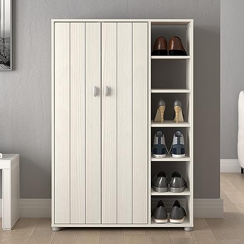 GFW Bideford Shoe Cabinet, White Wooden Shoe Storage Unit with 2 Doors and Open Shelves, Holds Up to 12 Pairs of Shoes, Hallway Storage Cabinet