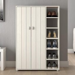 GFW Bideford Shoe Cabinet, White Wooden Shoe Storage Unit with 2 Doors and Open Shelves, Holds Up to 12 Pairs of Shoes, Hallway Storage Cabinet