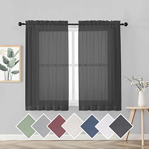 "OVZME 45 Inches Length Black Sheer Curtains for Small Windows Rod Pocket 2 Panels Set, Lightweight & Breathable & Soft Touching Voile Panels for Kitchen, Each 42"" Wx45 L, Black"
