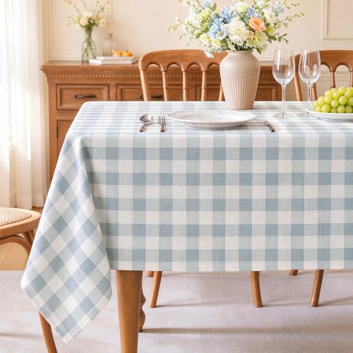 "Laolitou Blue Checkered Tablecloth Rectangle Tables Buffalo Plaid Gingham Table Cloth Cotton Linen Rustic Tablecloths Washable Wrinkle Free for Party Picnic Kitchen, 60""x75"" 4-6 Seats"