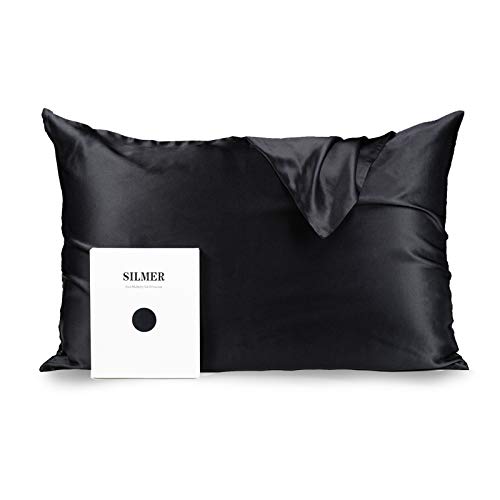 "SILMER 100% Natural Highest 6A-Grade Mulberry Silk Pillowcase for Hair and Skin, Both Sides 22 Momme 600 Thread Count Silk Pillow Cover Hidden Zipper???Soft and Smooth???1Pc(Black, Standard 20""??26"")"