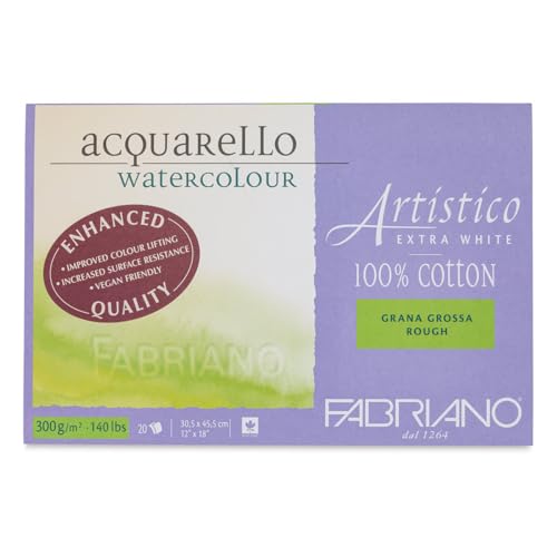 Honsell Fabriano Artistico Acquarello Watercolour, Extra White, Coarse Grain, 30.5 x 45.5 cm, 20 Sheets of 300 g/m??, High-Quality Artist's Watercolour Cardboard, Pad Glued on 4 Sides