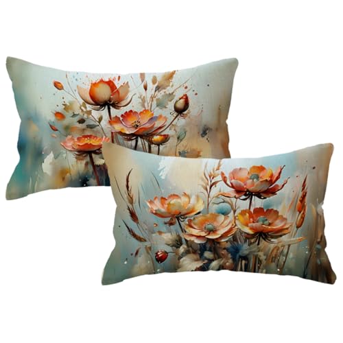 2Pack Flowers Decorative Pillow Covers Modern Orange Poppy Design Cushion Covers Oil Painting Pretty Floral Lumbar Pillowcases 12x 20 Inch Farmhouse Spring Summer Decorations (Orange)