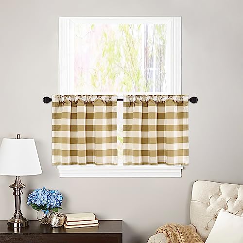 VOGOL Set of 2 Short Tiered Window Curtains with Rod Pocket for Bathroom, Living Room, Small Kitchen Window, Vintage Beige and White Checked Pattern, 76.2 x 61 cm
