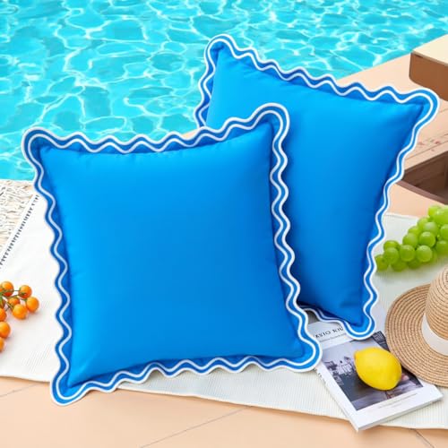 JOJOGOGO 18x18 Light Blue Scalloped Outdoor Throw Pillow Covers Waterproof & Sunproof Set of 2, Embroidered Blue Beach Coastal Decorative Outdoor Throw Pillows for Front Porch & Patio Furniture
