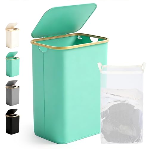 Ribelli Laundry Basket, 85 Litres, Foldable Laundry Hamper with Lid and Removable Laundry Bag, Narrow Laundry Bin for Laundry Room, Bathroom, Bedroom, Green
