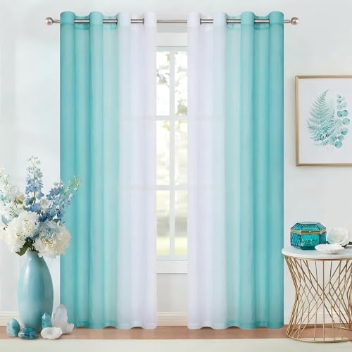 Teal Ombre Chiffon Sheer Curtains 84 Inch Long for Living Room Bedroom - Grommet Top Crinkle Gradient Semi Voile Window Curtain Drapes, Light Filtering for Girls Room, Garden, Yard, Set of 2 Panels