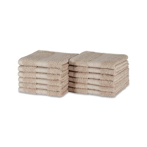 Amazon Basics Organic Cotton Flannel Face Cloth Towel Set for Bathroom, Soft and Absorbent, 30 x 30 cm, Taupe, 12-Pack