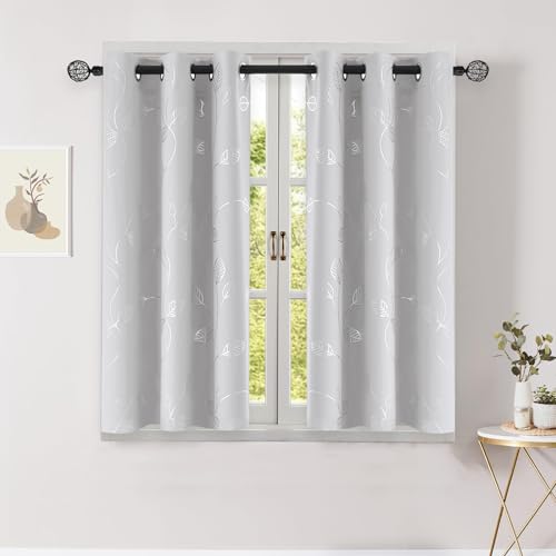 BUHUA Short Blackout Curtains for Kitchen, Half Window Treatment for Bedroom Energy Saving Privacy Shade for RV Camper Bathroom Basement, W38 x L40 inches, Greyish White, 2 Panel Set