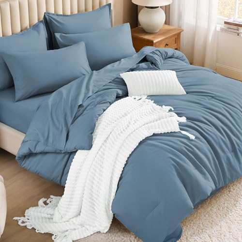 Litanika Oversized King Comforter with Sheets - 7 Pcs Bed in a Bag - Dusty Blue Fluffy Lightweight Soft Warm Down Alternative Solid All Season Bedding Set