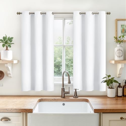 YoungsTex Short White Curtains 45 Inch Length 2 Panels with Grommet - Kitchen Window Drapes Privacy for Bathroom, 42 X 45 Inch