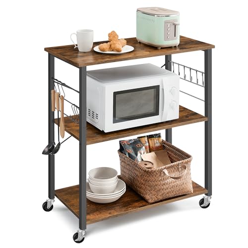 VASAGLE Kitchen Shelf on Wheels, Serving Trolley with 3 Shelves, Microwave Shelf, for Mini Oven, Toaster, with 6 Hooks, 40 x 80 x 89 cm, Industrial Style, Rustic Brown and Ink Black KKS067K01