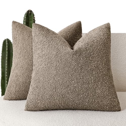 Foindtower Set of 2, Decorative Textured Boucle Throw Pillow Covers Accent Solid Pillow Cases Neutral Soft Cozy Couch Cushion Case for Chair Sofa Bedroom Living Room Home Decor 16x16 Inch Light Brown