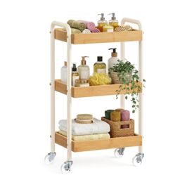 SONGMICS Storage Cart, Auxiliary Trolley, Kitchen Shelf with Handles, Easy Assembly, Bedroom, Bathroom, Kitchen, Steel Frame, 27.5 x 41.5 x 73 cm, Natural Beige LRC081YL01