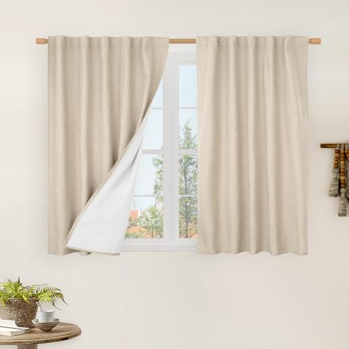 LAMIT 100% Blackout Short Linen Curtains for Cafe, 40 Inch Length Linen Textured Thermal Curtains Back Tab and Rod Pocket Neutral Panels with White Liner for Kitchen, 2 Panels, 42 x 40 Inch, Linen