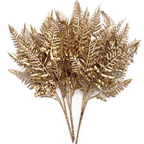 CATTREE Christmas Artificial Plants Decoration, Plastic Golden Boston Shrubs Plant Simulation Fern Leaves Fake Grass for Wedding Party Indoor DIY Home Office Table Centerpieces Decor - Gold 3 Pack