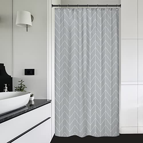 Riyidecor Stall Small Grey Gray White Shower Curtain 39x72 Inch Dorm Rv Single Chevron Herringbone Contemporary Geometric Striped Simple Modern Classy Neutral Fabric Bathroom Polyester Waterproof