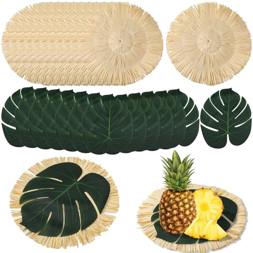 Sunnychicc 24 Pack Luau Placemats and Palm Placemat, 12Pcs Round Luau Fringe Place Mats 12Pcs Tropical Palm Leaf Place Mats Bulk Summer Hawaiian Plate Chargers Table Placemats Tropical Party Supplies