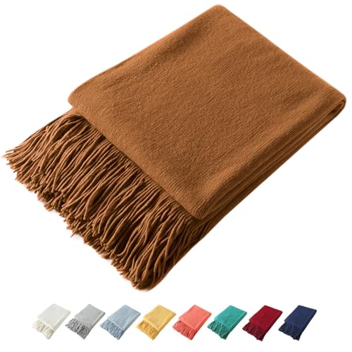 Homiest Decorative Knitted Throw with Fringe, Lightweight Acrylic Knit Blanket, Soft & Cozy Tassel Blanket for Couch, Sofa, Bed (Light Brown, 50 x 60 Inch)