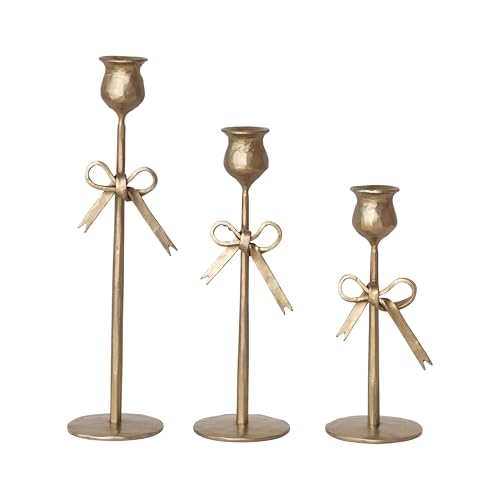 Creative Co-Op 3-Piece Hand-Forged Bow Shaped Metal Taper Candle Holders, Antique Gold Finish